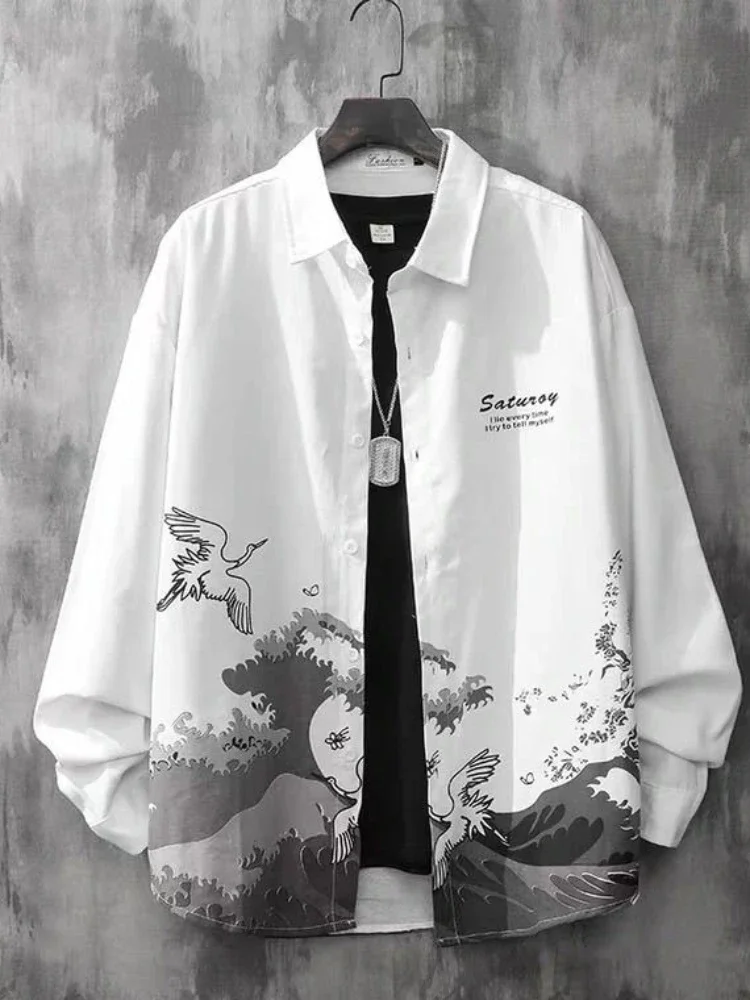 

Urban Classic Shirt Retro Japan Long-sleeved Shirt Men Loose Trend Chinese Style Antique Literary Art All-match Blouse Q38