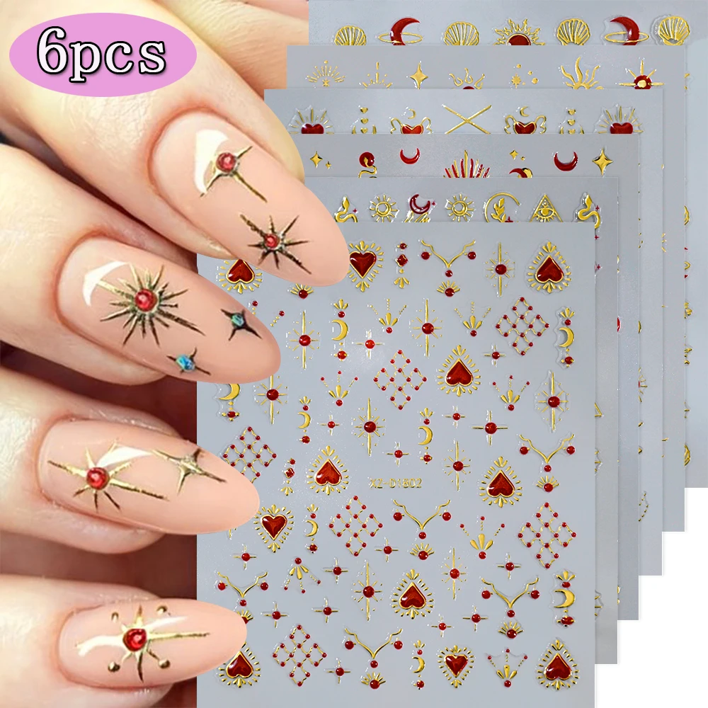 6Pcs Red Heart Rhinestone Gems Nail Stickers 3D Bronzing Gold Sun Moon ...