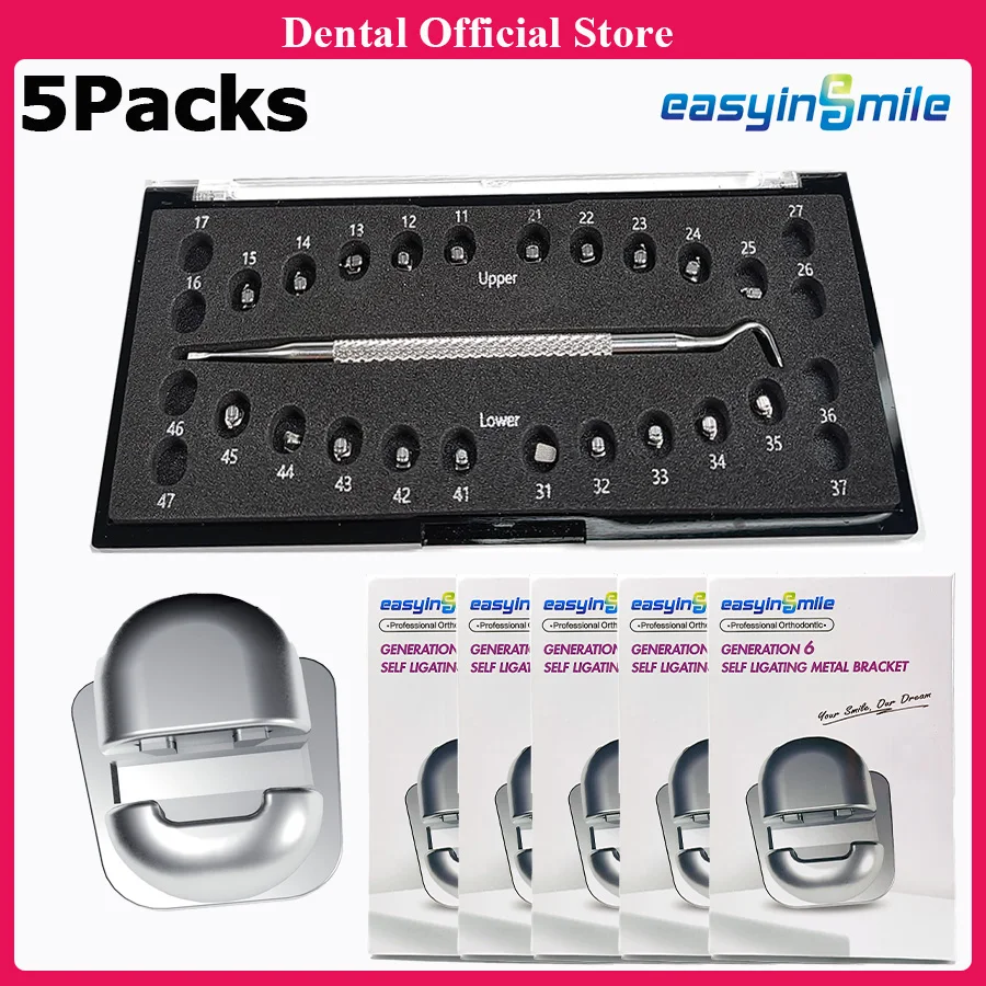 Easyinsmile 5packs Dental Material for Metal Orhto Bracket spherical Self Ligating Roth / MBT 345 Slot 022 Mini Braces+tool