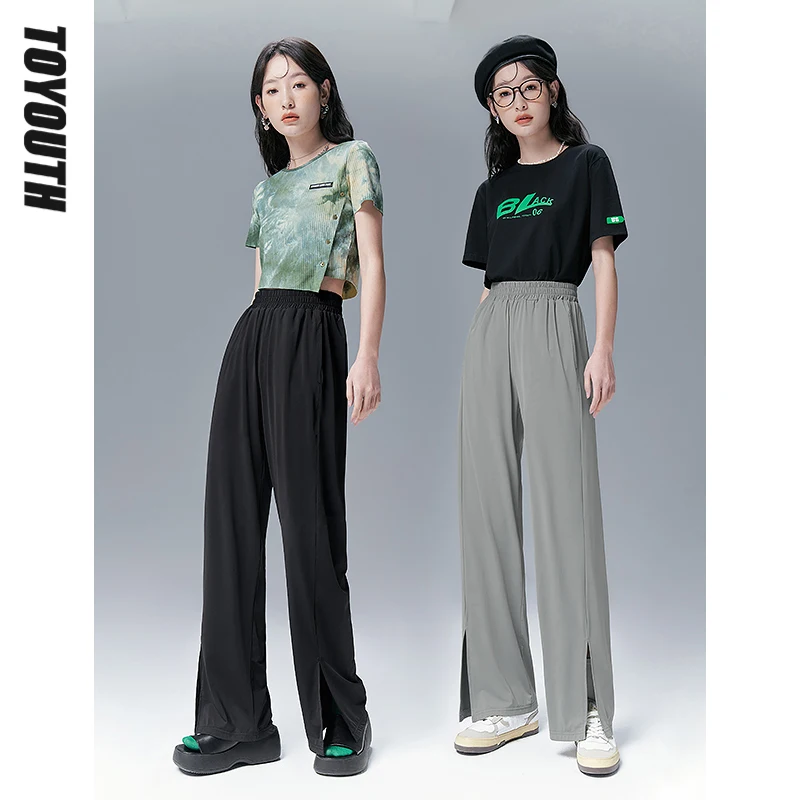 

Toyouth Women Pants 2022 Summer Elastic Waist Trouser Slim Slit Straight Wide Leg Casual Basic Pants