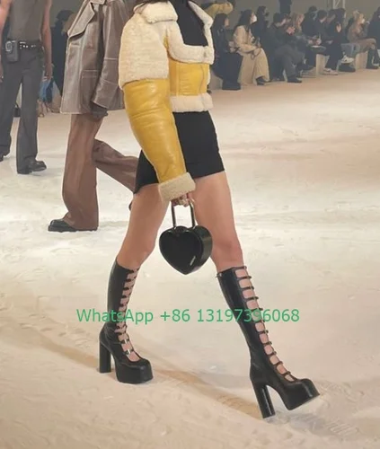 두꺼운 밑창 블랙 할로우 송아지 부츠, 사이드 지퍼, 거친 스퀘어 힐, 폴 댄스 슈즈, 슈퍼 힐, 섹시 부츠, 대형 신발 3