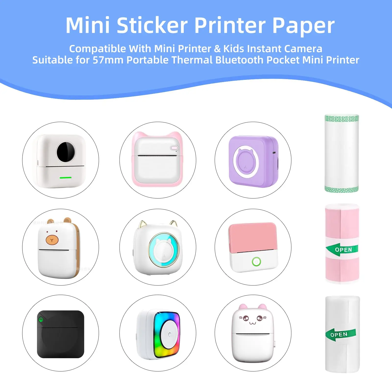 Thermal Mini Sticker Printer Paper,57x25mm Thermal Sticker,Mini Pocket Printer Sticker Paper for Most Kids Instant Camera Refill