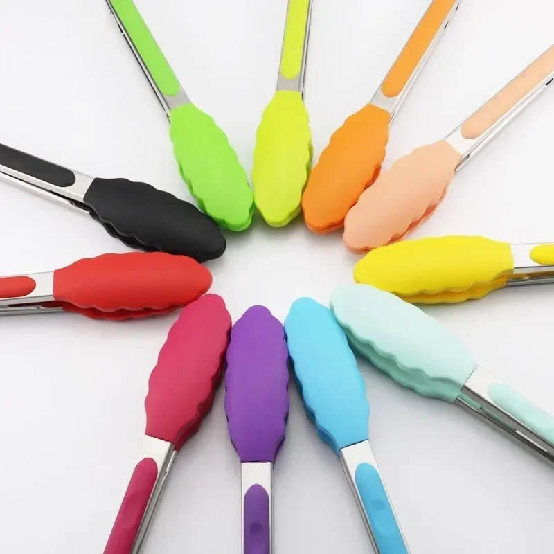 Silicone Kitchen Food Tong Stainless Steel Non-slip Grill BBQ Tongs Meat Camping Barbecue Frying Food Clips Clamp