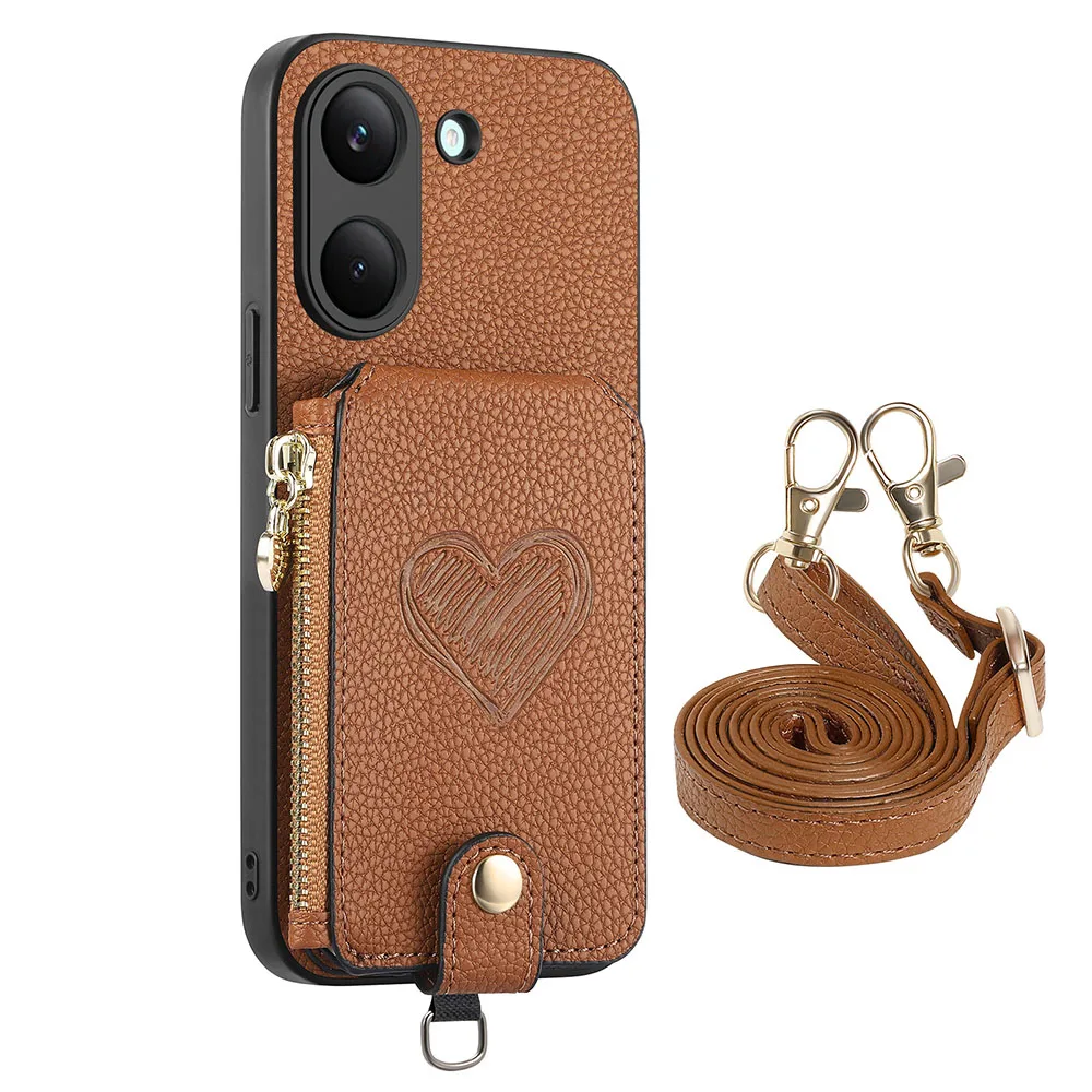 Leather Zipper Wallet Phone Case with Card Holder and Lanyard