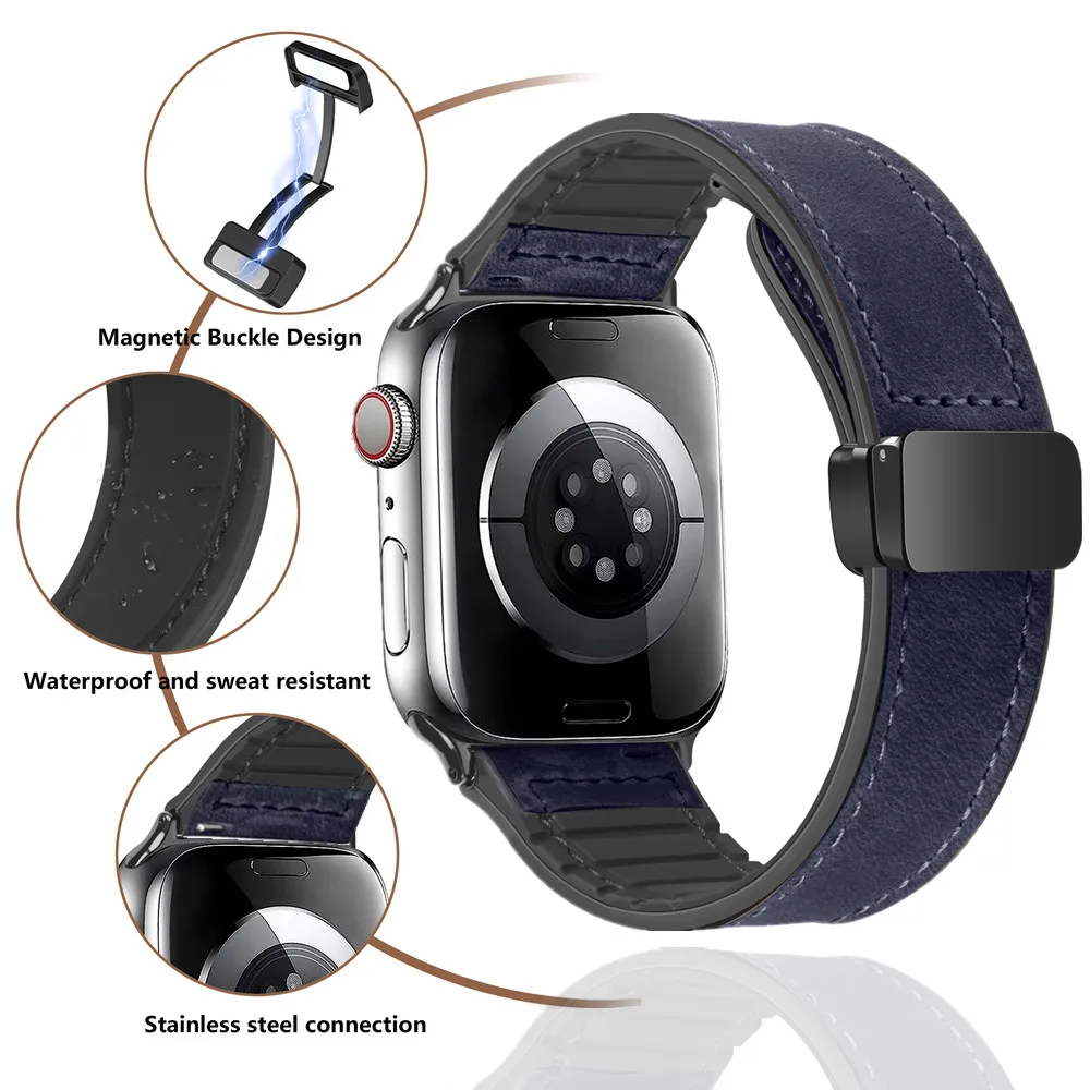 Magnetic Leather & Silicone Apple Watch Bracelet Band