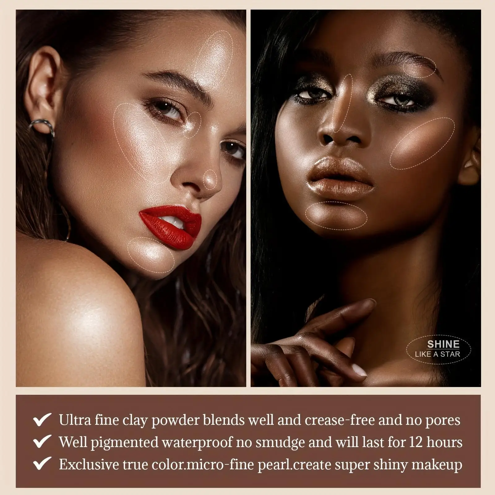 6-Color Highlighter Palette – Deep-toned shimmer pressed powder for an all-over face glow. Full-coverage face makeup with lumino
