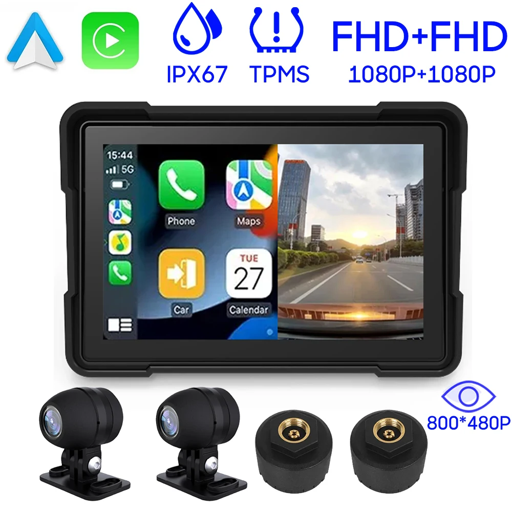 Wireless Carplay Adapter Wireless Carplay Smart Carplay Box Waterproof Wireless Carplay For Motorcycle 5'' Touch Screen Android Auto With GPS TMPS Anti-shake Night Version Cameras Video