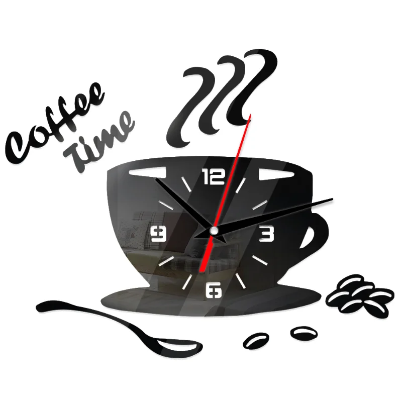 Creative Coffee Cup Shaped Wall Clock Modern Design 3D Mirror Wall