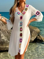 Fashion Style Hand Crochet Flower Block Beachwear Cover Up Beach Holiday Casual See-Through Dress Breathable Sunscreen Smock - Image 3