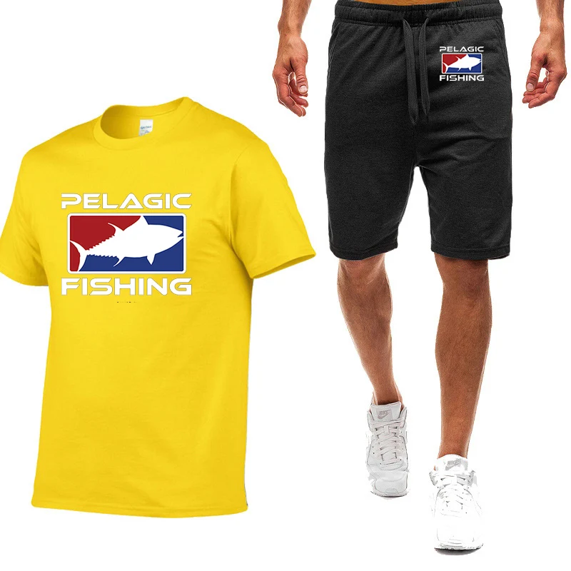 2023 new men's summer ocean fishing Logo printing 2-piece casual T-shirt short solid color short sleeve fashion high quality swe