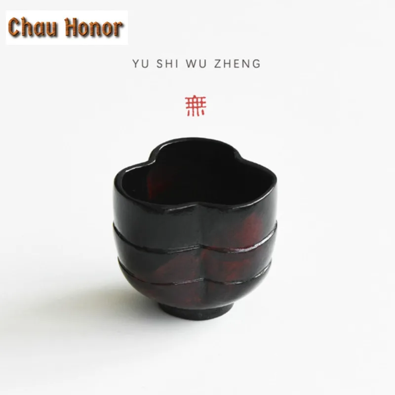 125ml Lacquered Red Coarse Pottery Petal Teacup Antique Tea Bowl Tea Pair Tea-tasting Meditation Cup Chazhan Master Cups Teaware