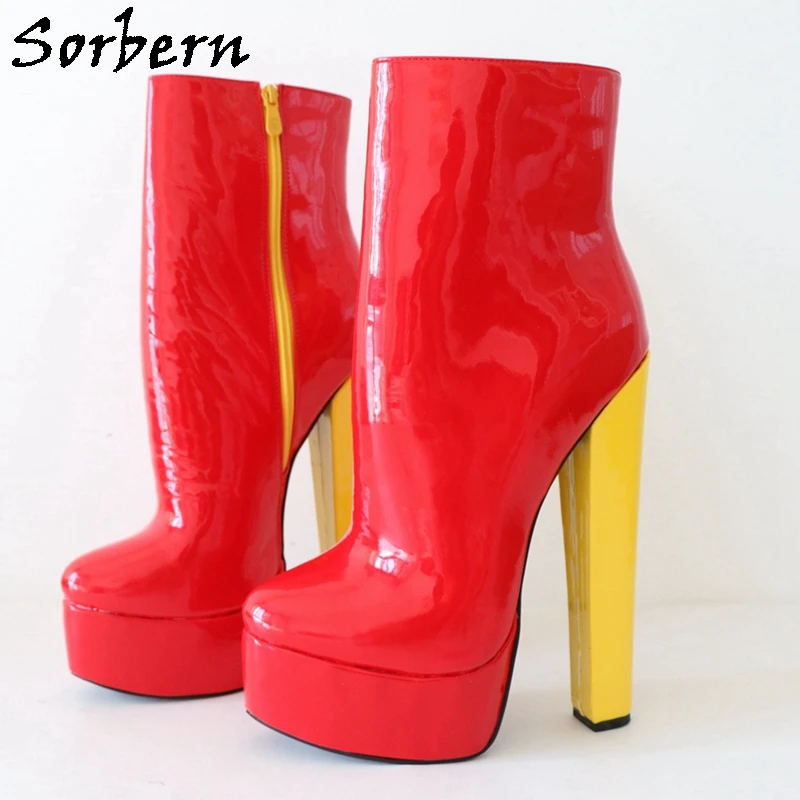 Sorgem-20Cm 페티쉬 앵클 부츠, 유니섹스 하이 아치 청키 힐, 플랫폼 슈즈, 드랙퀸, 스프링 사이드 지퍼, 대비 색상