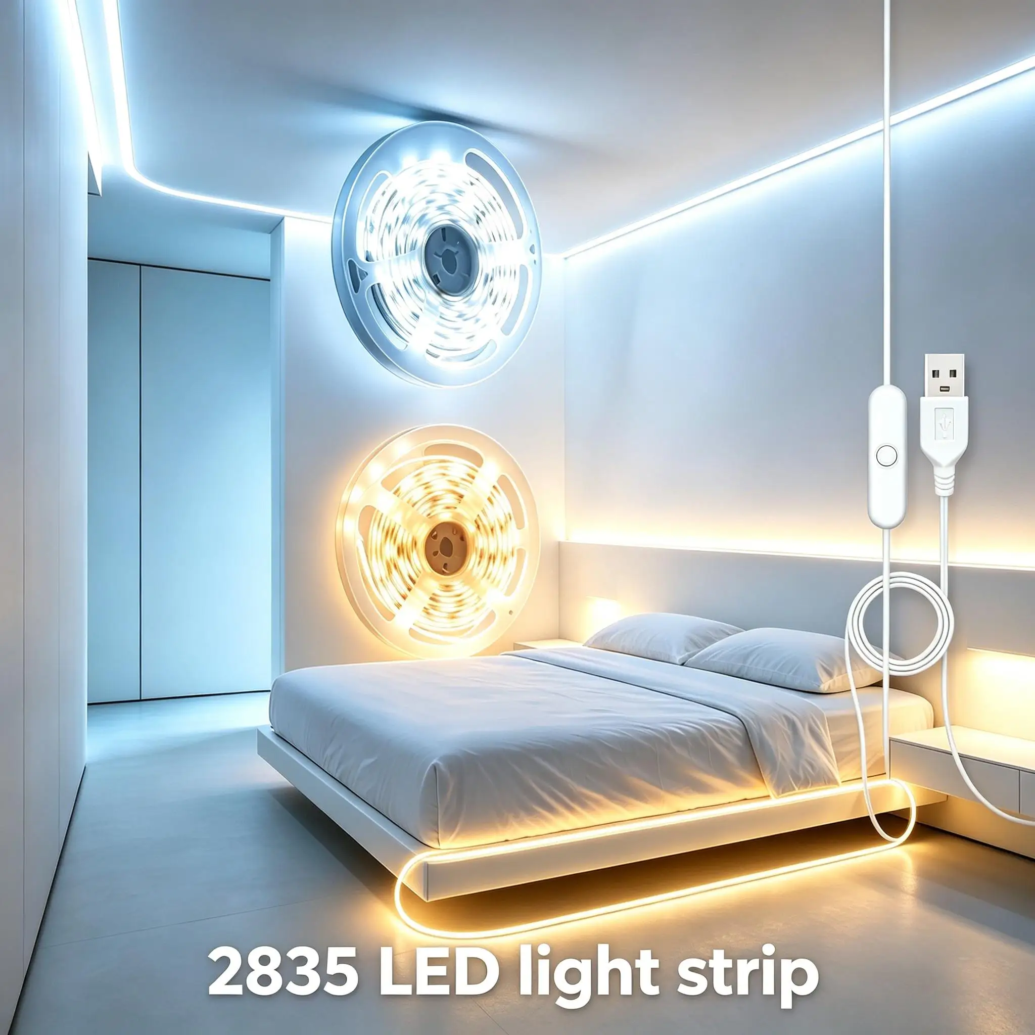 This LED light strip offers both warm and cool white light options, is USB powered, has a built-in switch, is easy to install.