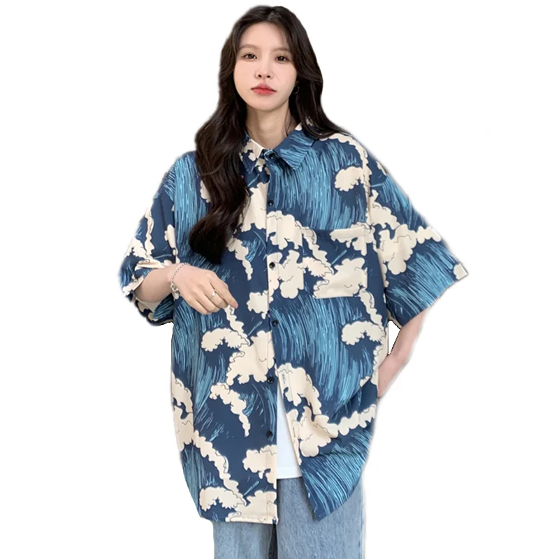 

Женская блузка с коротким рукавом, голубая Повседневная Свободная рубашка с винтажным принтом морской волны и отложным воротником, лето