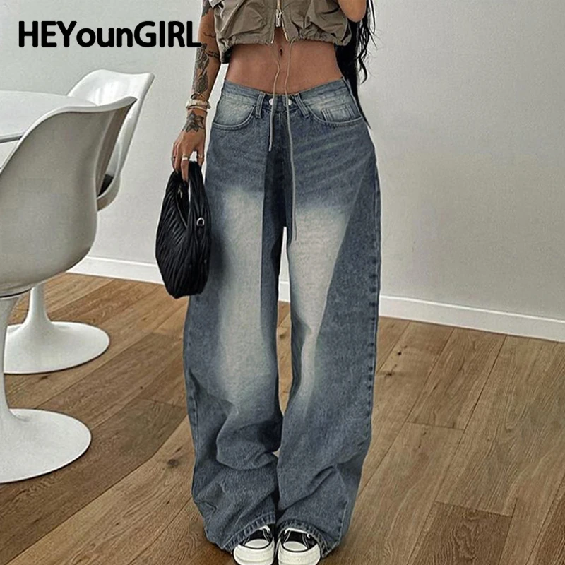 

HEYounGIRL Street Retro Y2K Baggy Jeans Pleated Waist Fashion Women Blue Denim Loose Pants Hip Hop Grunge Oversized Trousers 90s