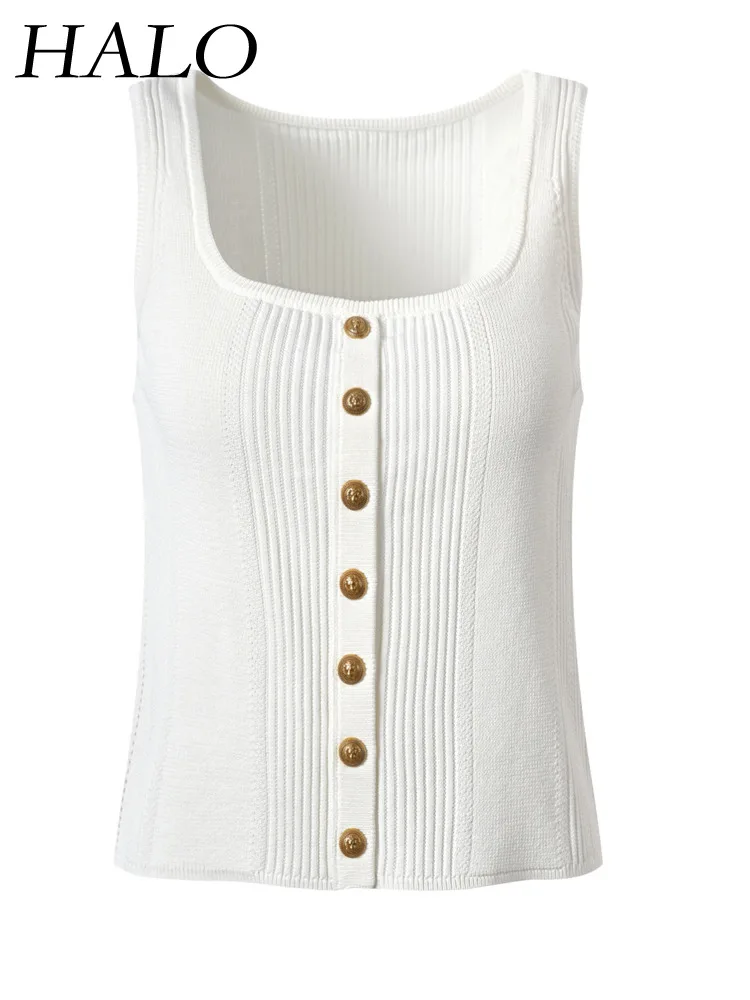 

Женский трикотажный эластичный комплект HALO, жилет без рукавов и юбка средней длины с квадратным вырезом и золотистой пряжкой, весна-лето 2024