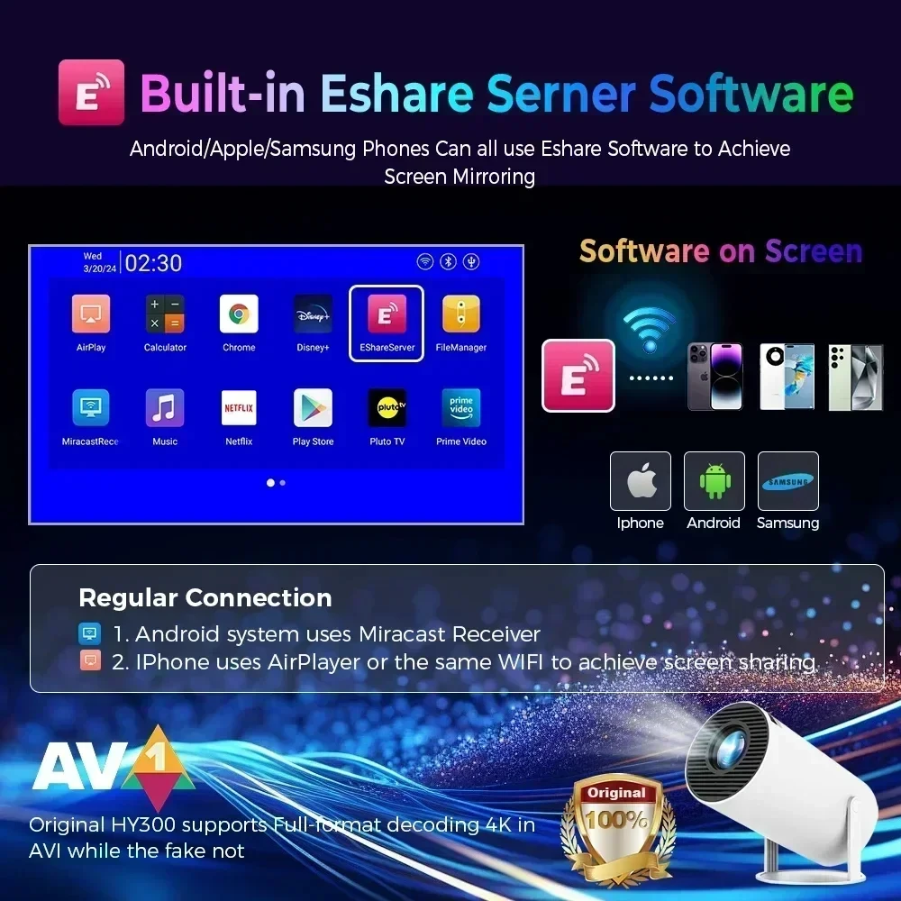 스마트 HY300 프로젝터 1080P HDR10 4K 지원 휴대용 미니 WiFi 블루투스 프로젝터 스크린 미러링 야외 영화관