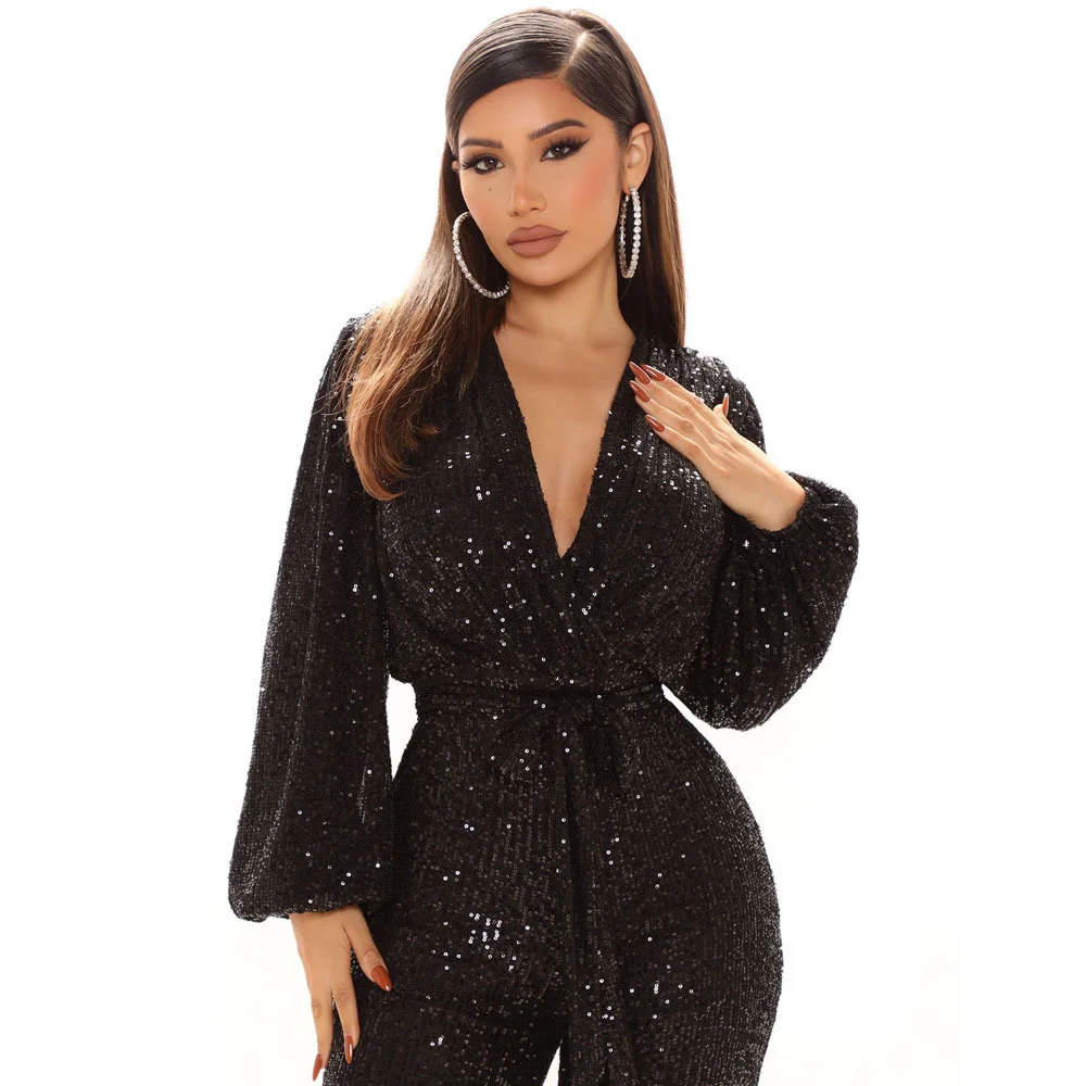 Zabrina Jumpsuits Overalls Sexy V-neck Sparkly Rompers Long Sleeve Women's Sequin Lady One-piece Wide Leg Pants Deep V Bandage