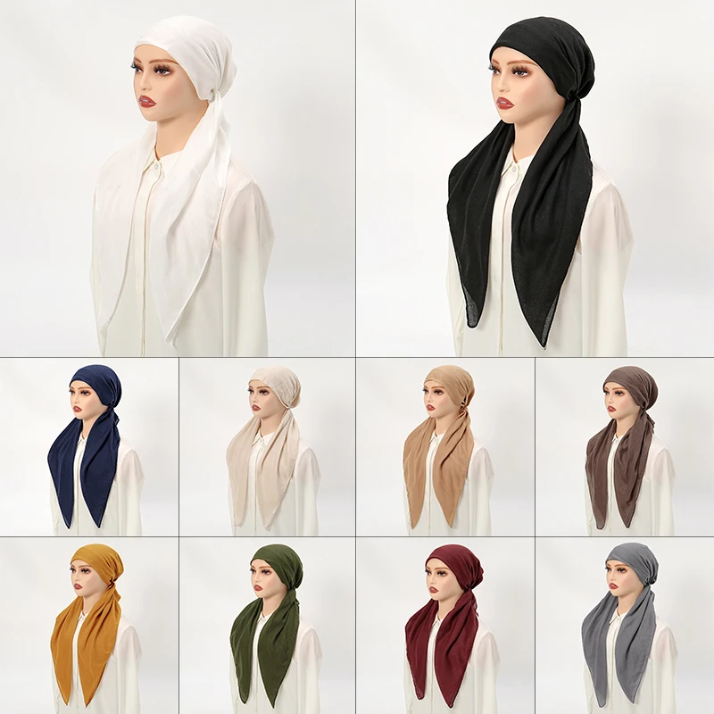 Cotton Linen Elastic Headband Cap for Woman Muslim Hijab Hat Lady Fashion Instant Scarf Islamic Turban Bandana 65X23Cm 5