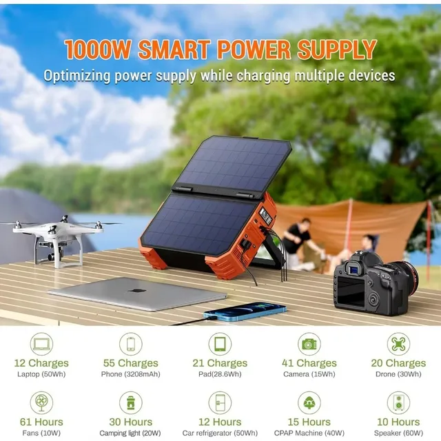 Solar Panel Portable Power Station 1000W with Built-in 614WH 192000mAh LiFePO4 Battery Pack Solar Generator with AC DC USB PD 6