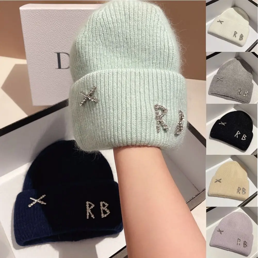 

Winter Warm Real Rabbit FurCap Men Women Hip Hop Y2k Rhinestones Letter Knit Beanie Slouchy Skull Cap