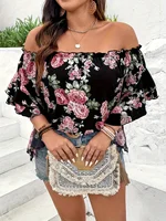 Plus Size Summer Women Elegant Chiffon Shirt Floral Print Off the Shoulder Tops Ruffle Sleeve Curve Clothing 1