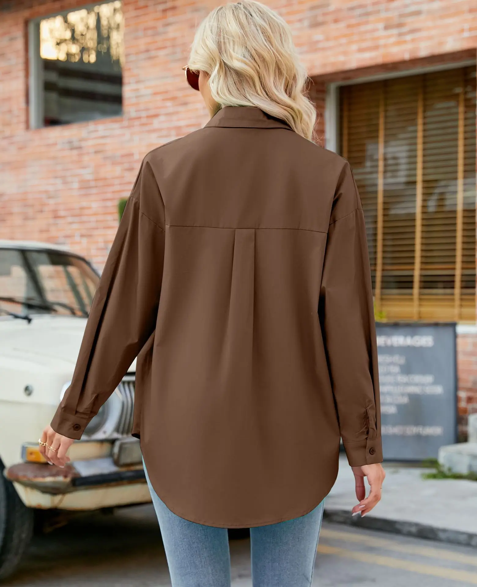 Womens Clothing V-neck Solid Button Long Sleeve Casual Blouse