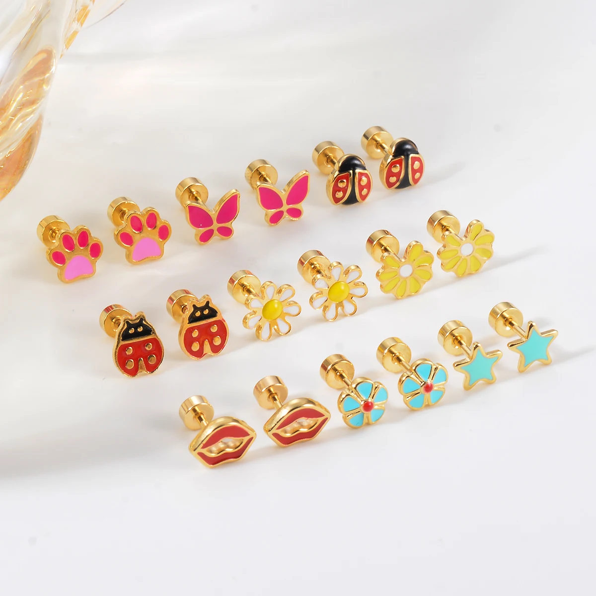 1Pair Stainless Steel Cute Ear Post Stud Earrings Enamel Daisy Ladybug Butterfly Paw Red Lip Star Earring Girl Jewelry 5