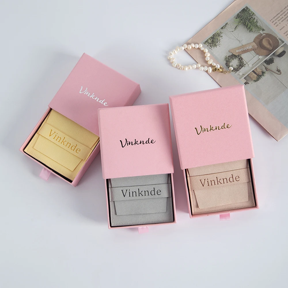Custom Logo 7x7x1.7cm Pink Drawer Jewelry Gift Boxes for Necklace Rings Packaging Organizer Suede Microfiber Dust Bags Pouches