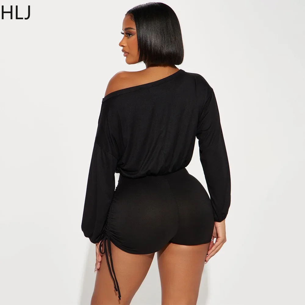 HLJ Summer Solid Color Off Shoulder Slim Rompers Women Long Sleeve Drawstring Shorts One Piece Jumpsuits Casual Sporty Overalls