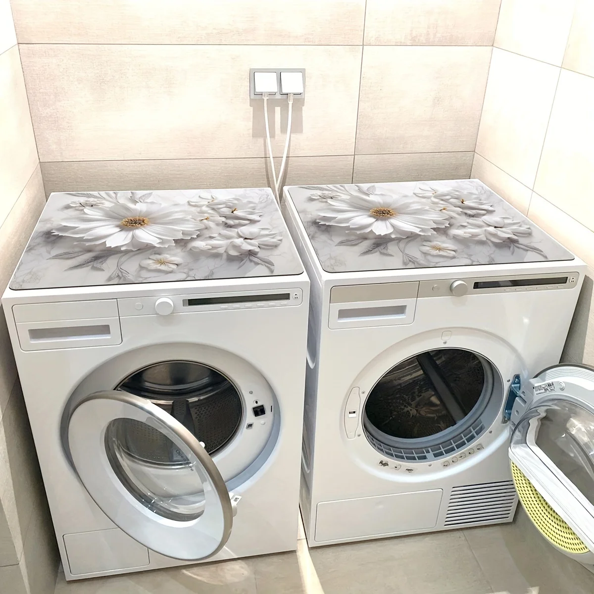 Flower Printed Washing Machine Dust Pad, Quick Drying and Absorbent Kitchen Washing Table Pad, Refrigerator Dust Cover