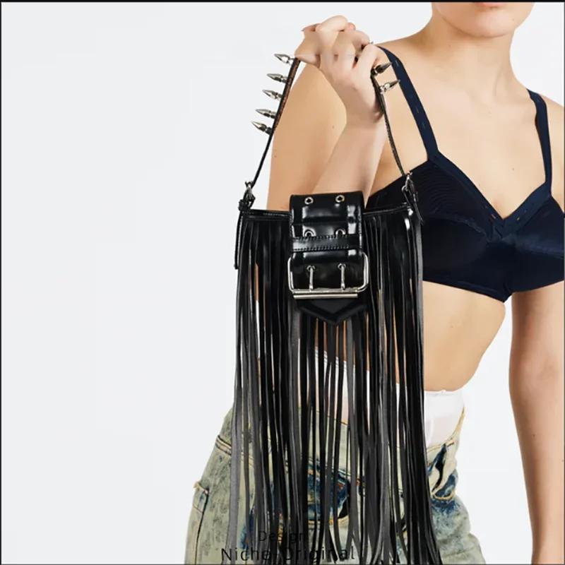

Millennium Style Retro Cool Girls Wallets Long Tassel Pointed Long Rivet Wide Belt Buckle Half Moon Shape Handbags for Women