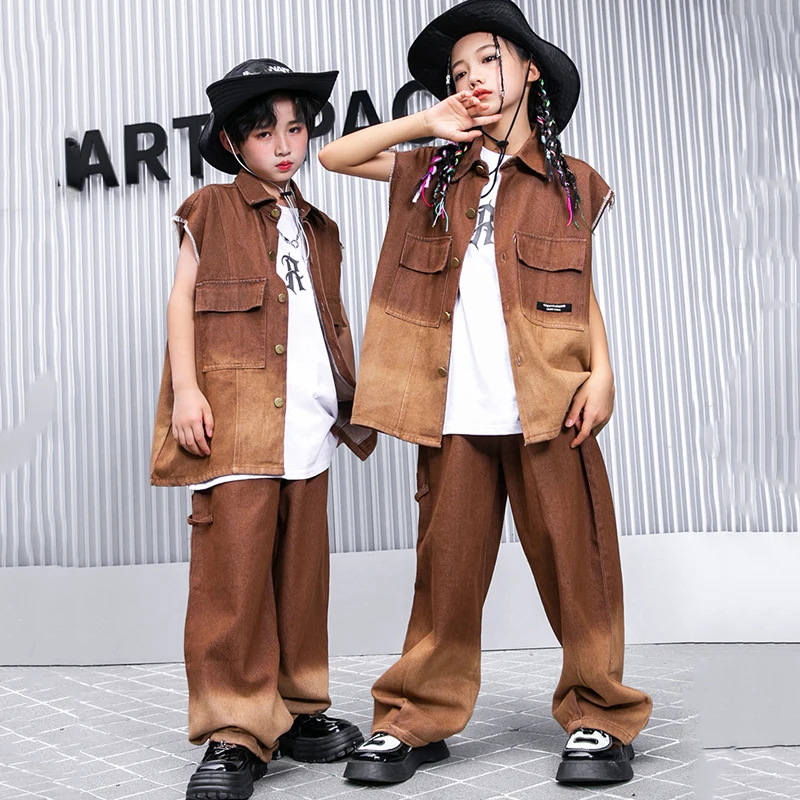 

Новинка, Свободный жилет в стиле хип-хоп коричневого цвета, уличная одежда для девочек, одежда для джазовых танцев, выступлений, сценических выступлений, одежда в стиле хип-хоп для мальчиков DQS13741