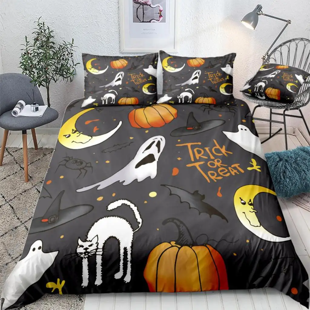 

Happy Halloween Duvet Cover Set Pumpki Hat Bedding Set Skull Cartoon Beds Set Purple Blue Halloween Home Textiles Microfiber