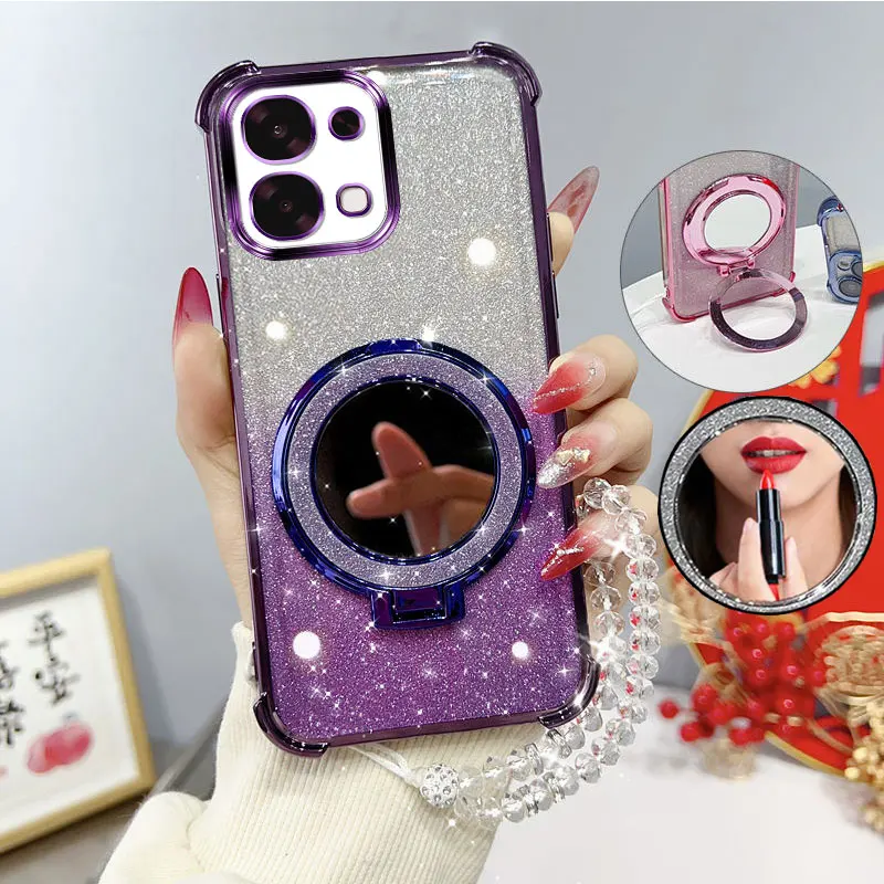 Glitter Shockproof Phone Case with Mirror Stand and Beaded Strap