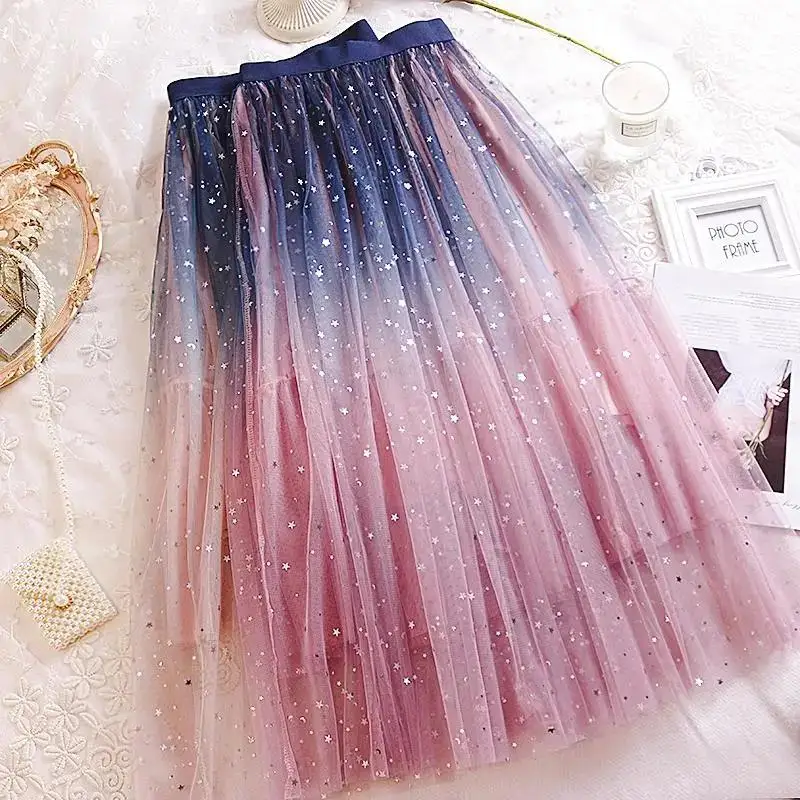 Skirts 2022 Summer Tulle Skirt Star Sequin skirt High Waist  long Skirt Pink White Evening Party Sexy Skirt Women falda sparkling skirt black skirt