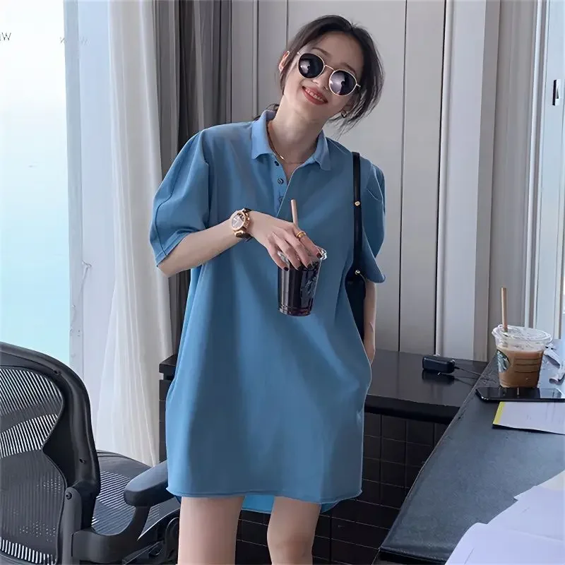 

DAYIFUN-Women's Contrast Polo Neck Dresses Feel Loose Fitting Dress Female Casual Clothing Large Size 2024 Summer T-shirts 80KG