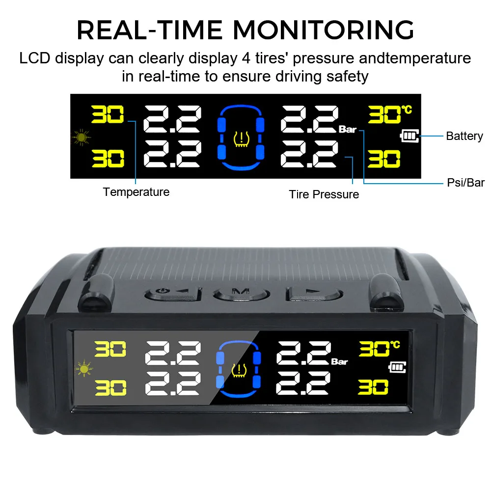 Universal Auto Solar TPMS with Car Security and Temperature Warning Features