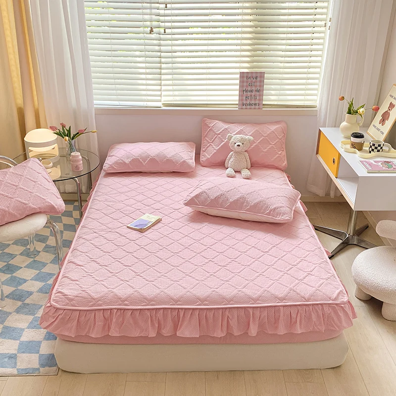 100% Waterproof Super Nordic Thick and Warm Fitted Sheet with Elastic Bands Princess Waterproof Bed Skirt Pink Mattress Covers 2