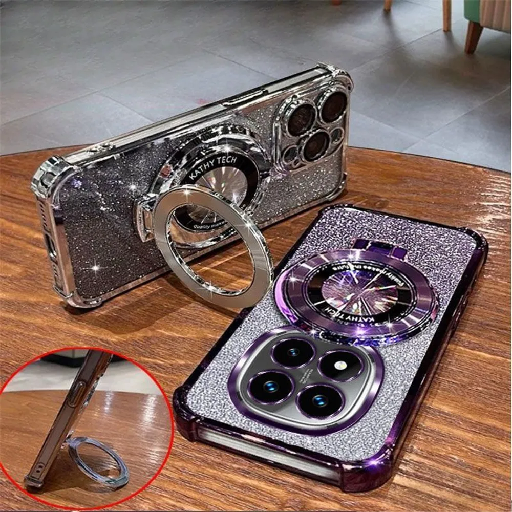 Luxury Plating Glitter Stand Phone Case with Shockproof Four-Corner Soft Cover
