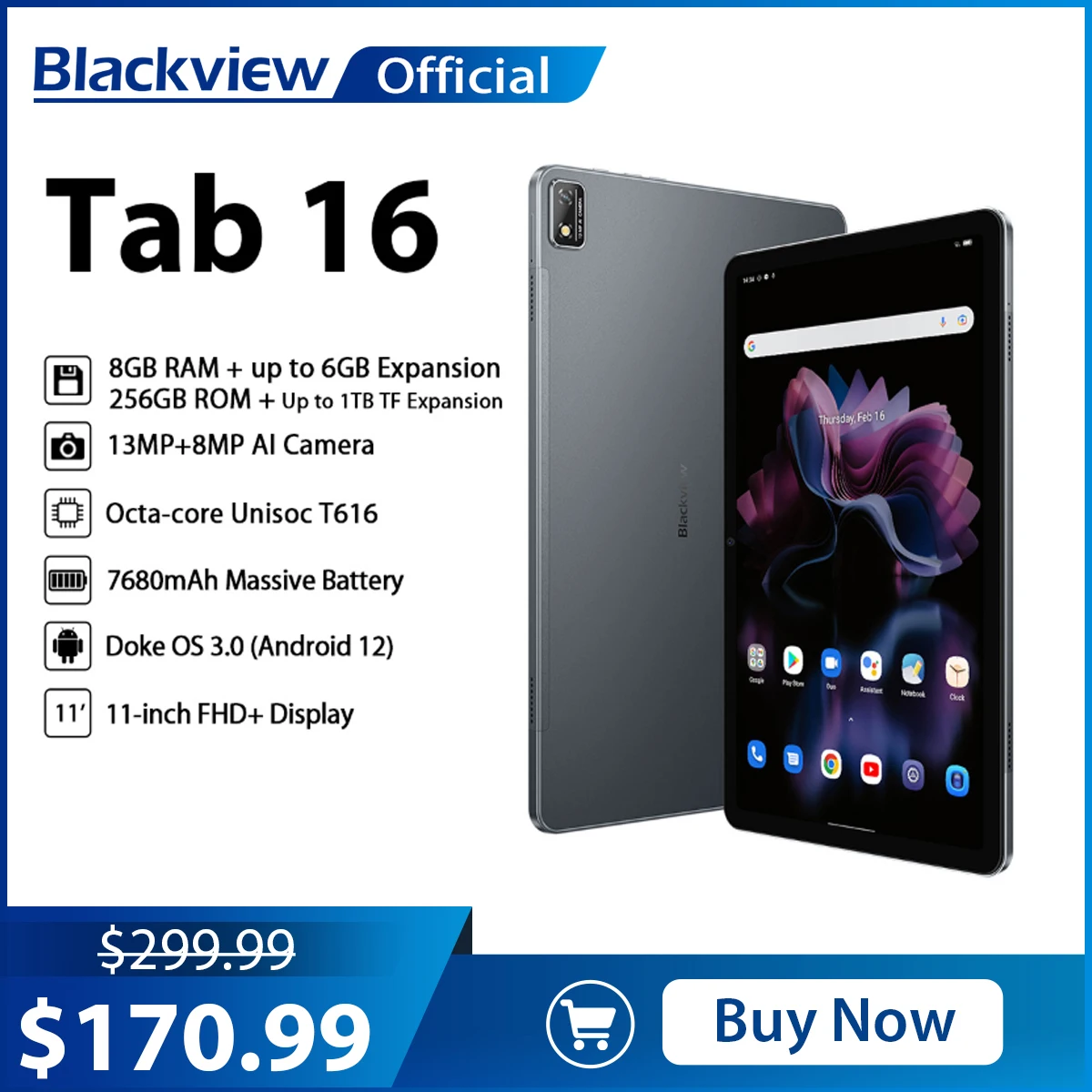 Blackview Tab 16 Tablet 11 ''2K Fhd + Display Pad Android 12 T616 Widevine L1 8Gb 256Gb 7680Mah 13Mp Fotocamera Dual 4G Tablet Pc