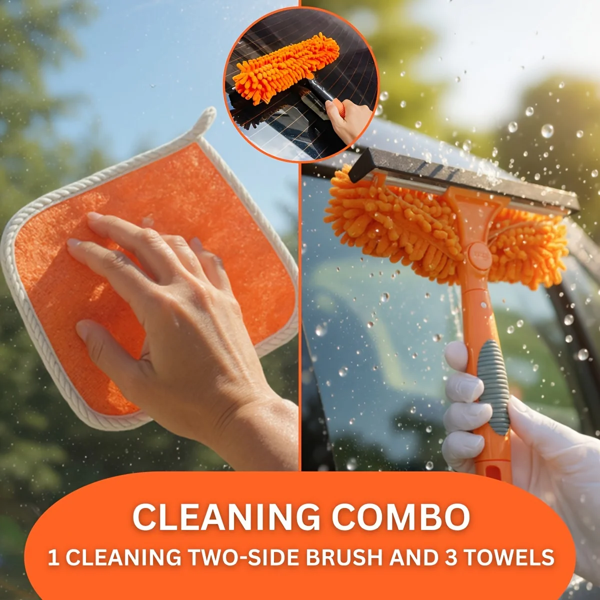 4pcs Car & Home Cleaning Kit: 2-in-1 Dual-Sided Brush+3 Absorbent Towels,Scratch,Safe for Glass,Tiles,Auto Surfaces,Car Wash Kit