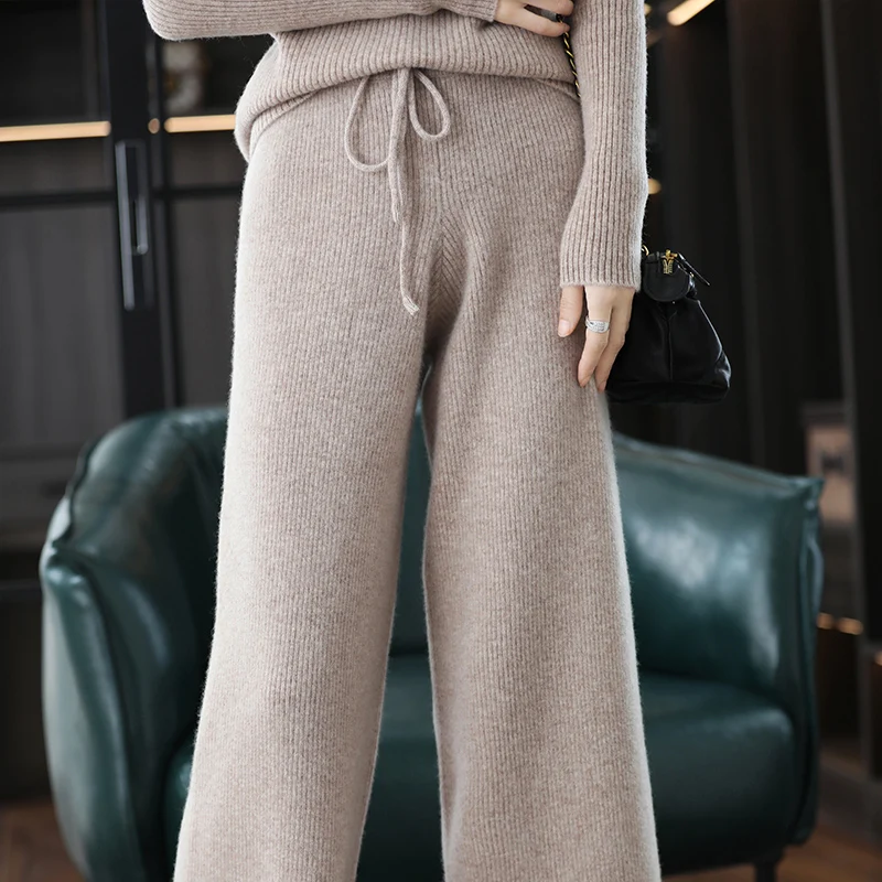 Winter Knitted Pants Women' Small Horn Thickened Pure Wool Loose And Thin High Waist Wide Leg Pants Cashmere Outer Wear Trousers outer limits – a boy playing the magical bugle horn 1 cd