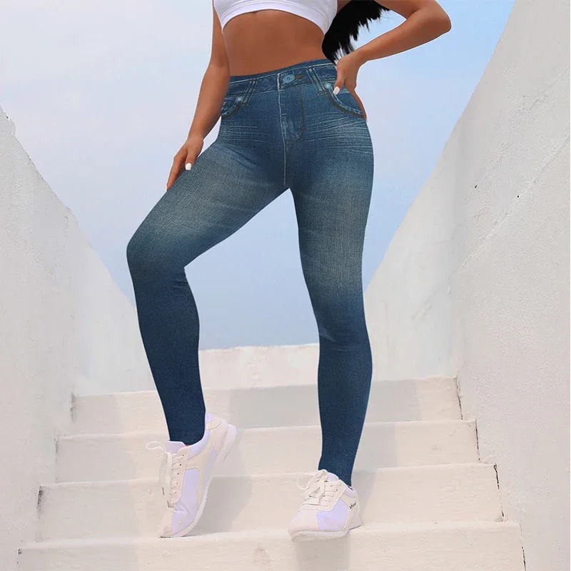 Women Jeggings Faux Denim Jeans Leggings High Waisted Tummy