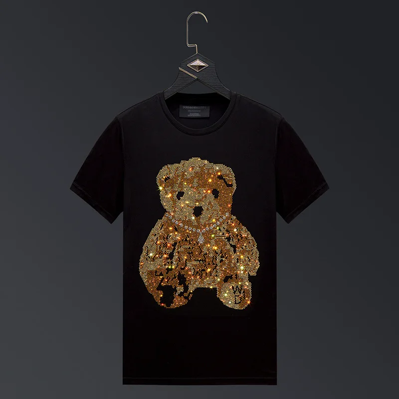 

2022 Womens T Shirts Bear Rhinestones Streetwear Fashion Clothing Slim O Neck Ladies Tshirt Short Sleeve Casual Tee Shirt Femme