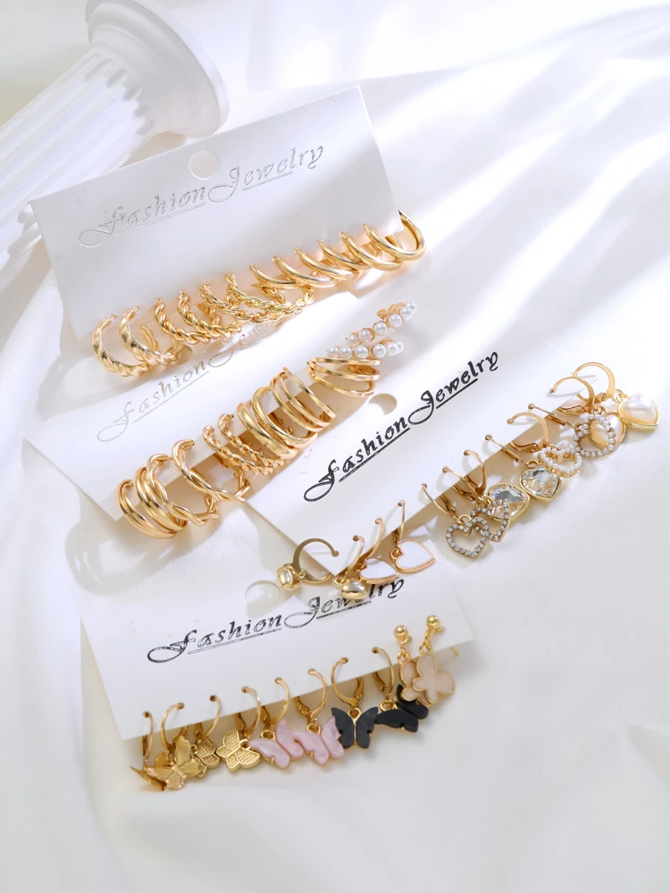 23 Pcs Gold Color Hoop Earring Set for Women Boho Vintage Butterfly Heart Pearl Circle Dangle Earrings New Trendy Jewelry Gifts