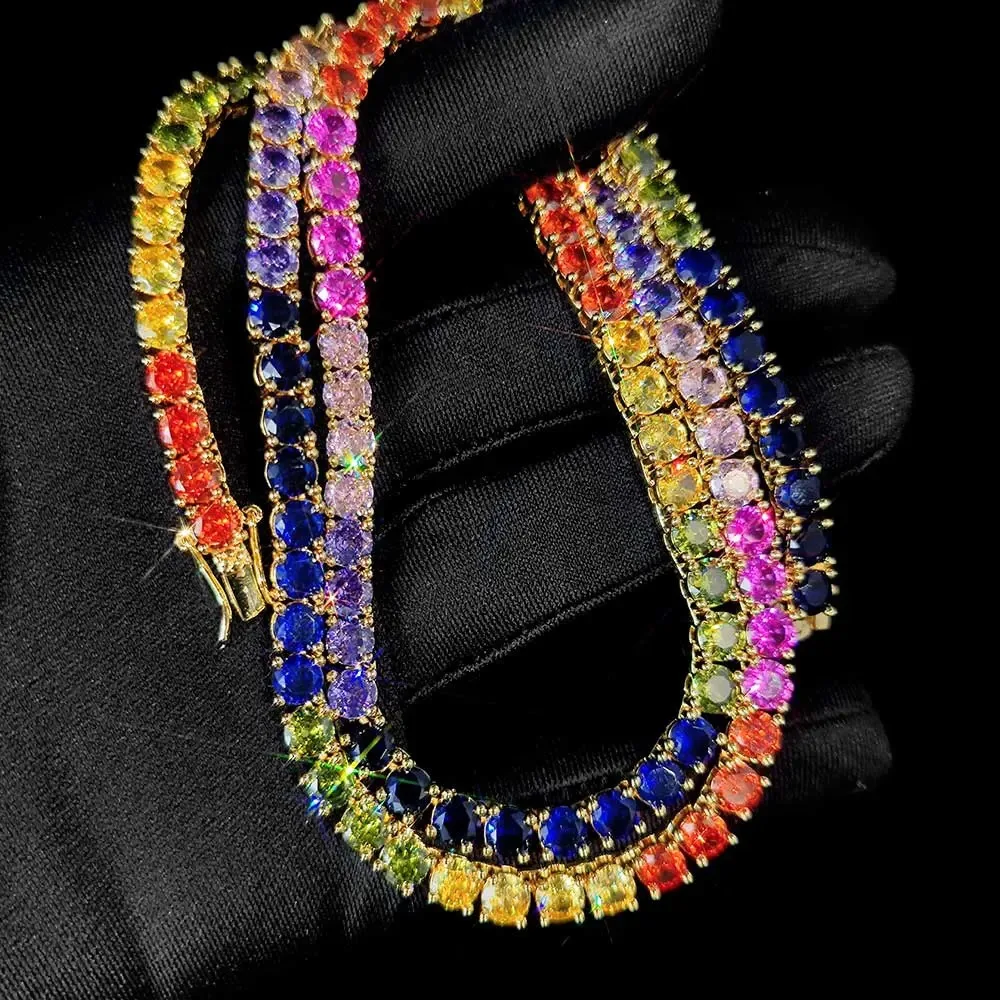 Custom Tennis Necklace 5mm Round Color Gemstone Rainbow Iced Out Zircon Icy Chain Gift for Men Women