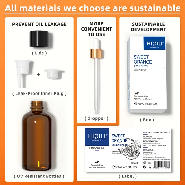 HIQILI 100ML Sweet Orange Essential Oils,100% Pure Nature for Aromatherapy, Diffuser, Humidifier, Massage, Fresh air, Candle - Image 4