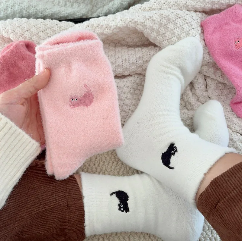 Autumn Winter Women Mink Velvet Socks Cute Cat Pink Plush Middle Tube Socks Harajuku Soft Fluffy Comfortable Home Sleeping Sock