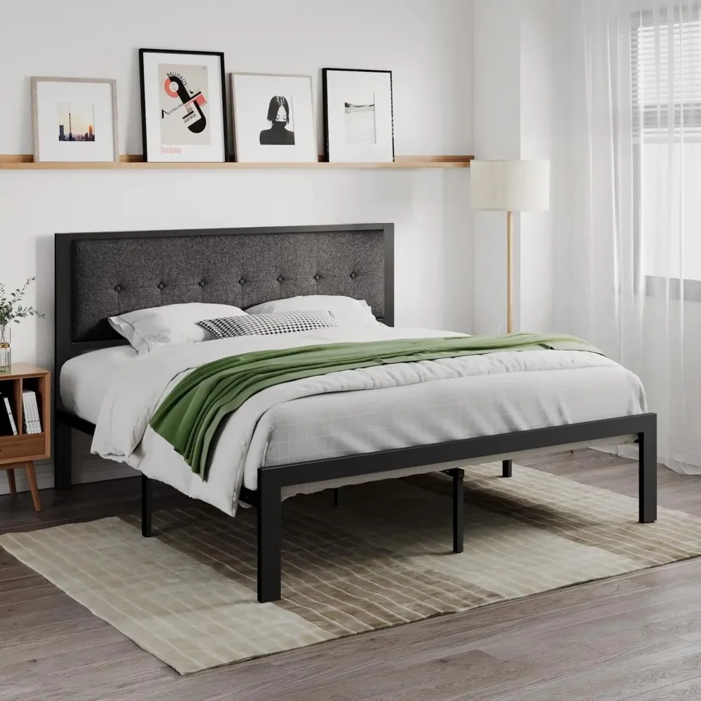 King Size Bed Frame with Upholstered Headboard, Platform Bed Frame with Metal Slats, Button Tufted Square Stitched Headboard, No 3